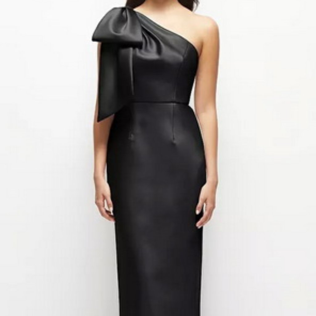 Alfred Sung Black Bow One-Shoulder Satin Column Gown D861
